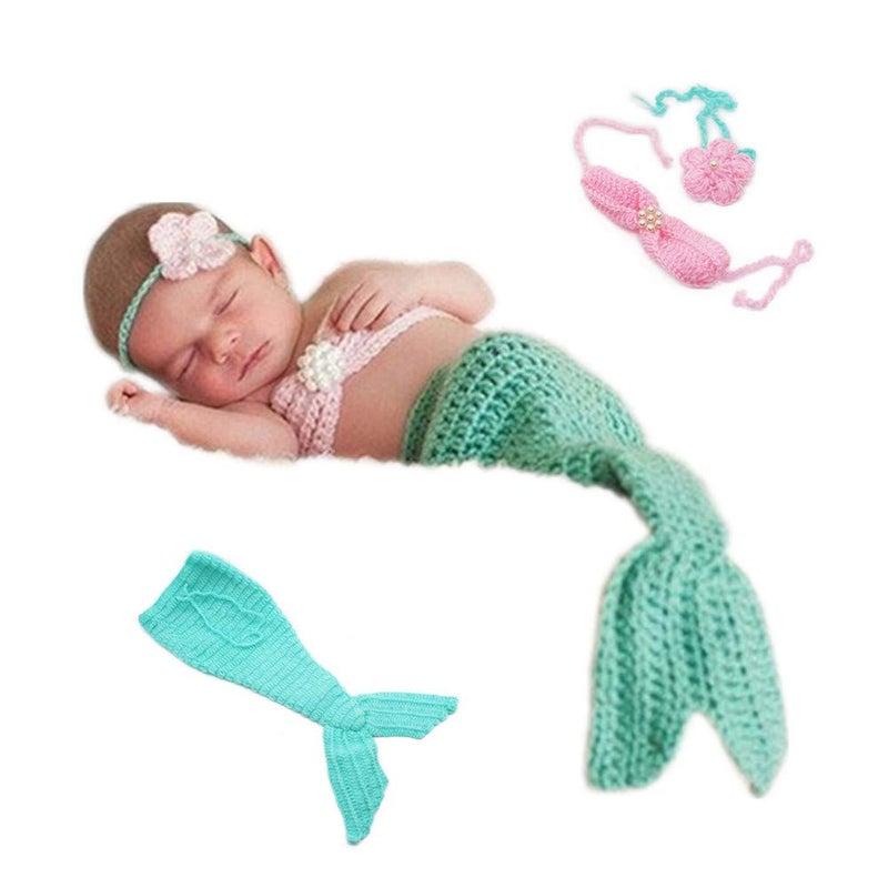 SUNBABY Newborn Photography Props Baby Knitting Wool Material Photography Costume Cute Animal Style Baby Crochet Clothes (Light Green Mermaid) - Image 1